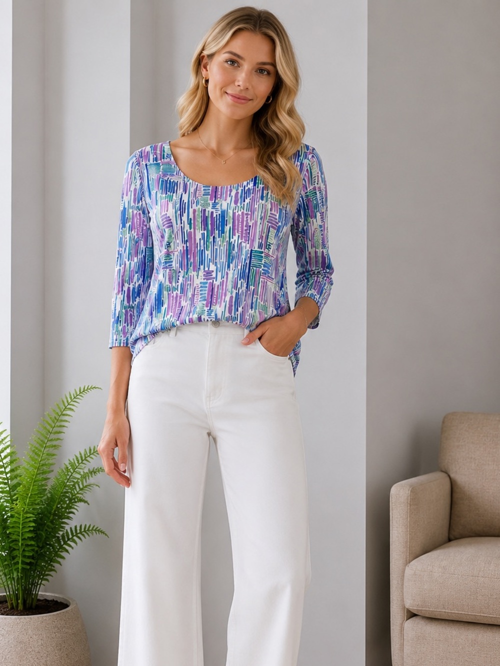 Habitat Purple White Abstract Top Tunic 3/4 Sleeves size Medium